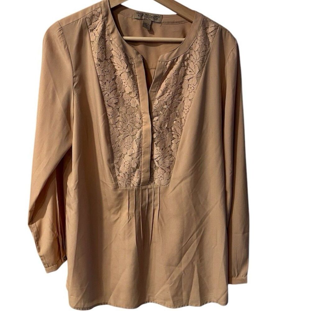 NINE WEST VINTAGE AMERICA Blouse Womens M Lace Inlay Beige Tunic Feminine Whimsy - Picture 2 of 8